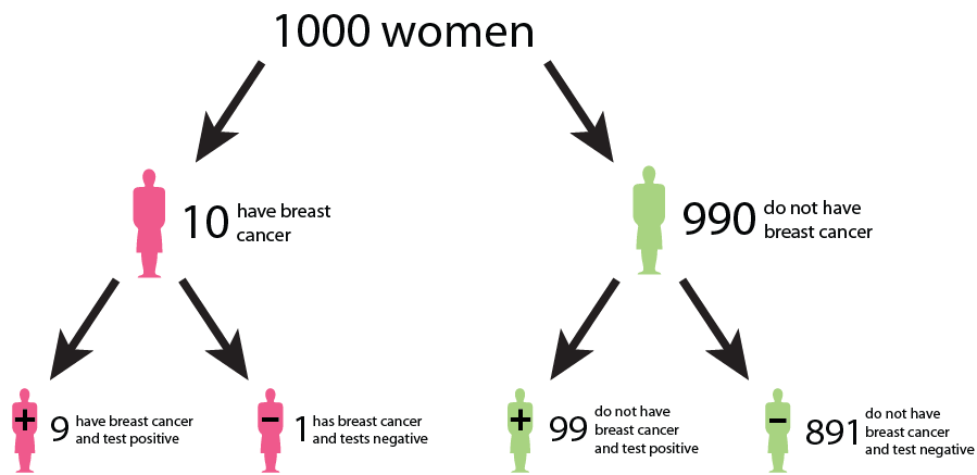 A tree diagram describing the outcomes of a breast cancer test